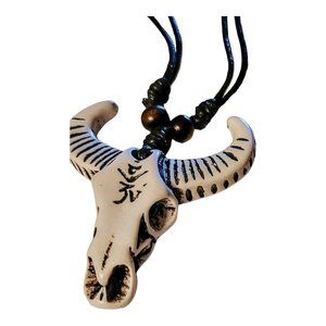 Men's Teen Tribal Bull Head Pendant Necklace Blk Cord Southwestern Gift MR-23a